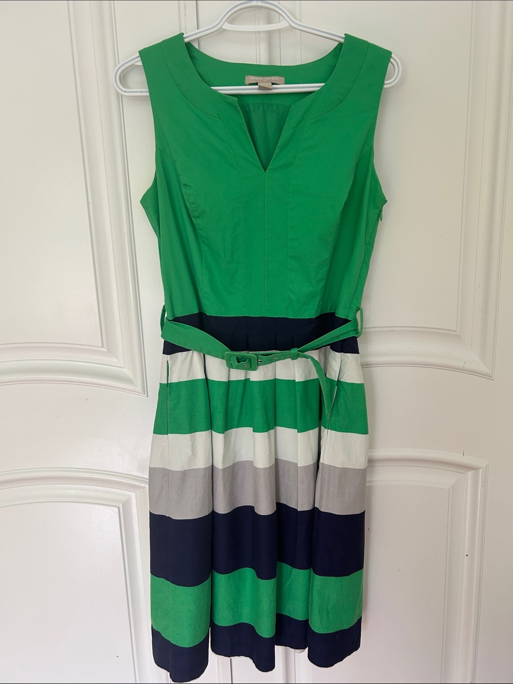Banana Republic Cotton Flare Green Striped Belted Dress with Circle Skirt